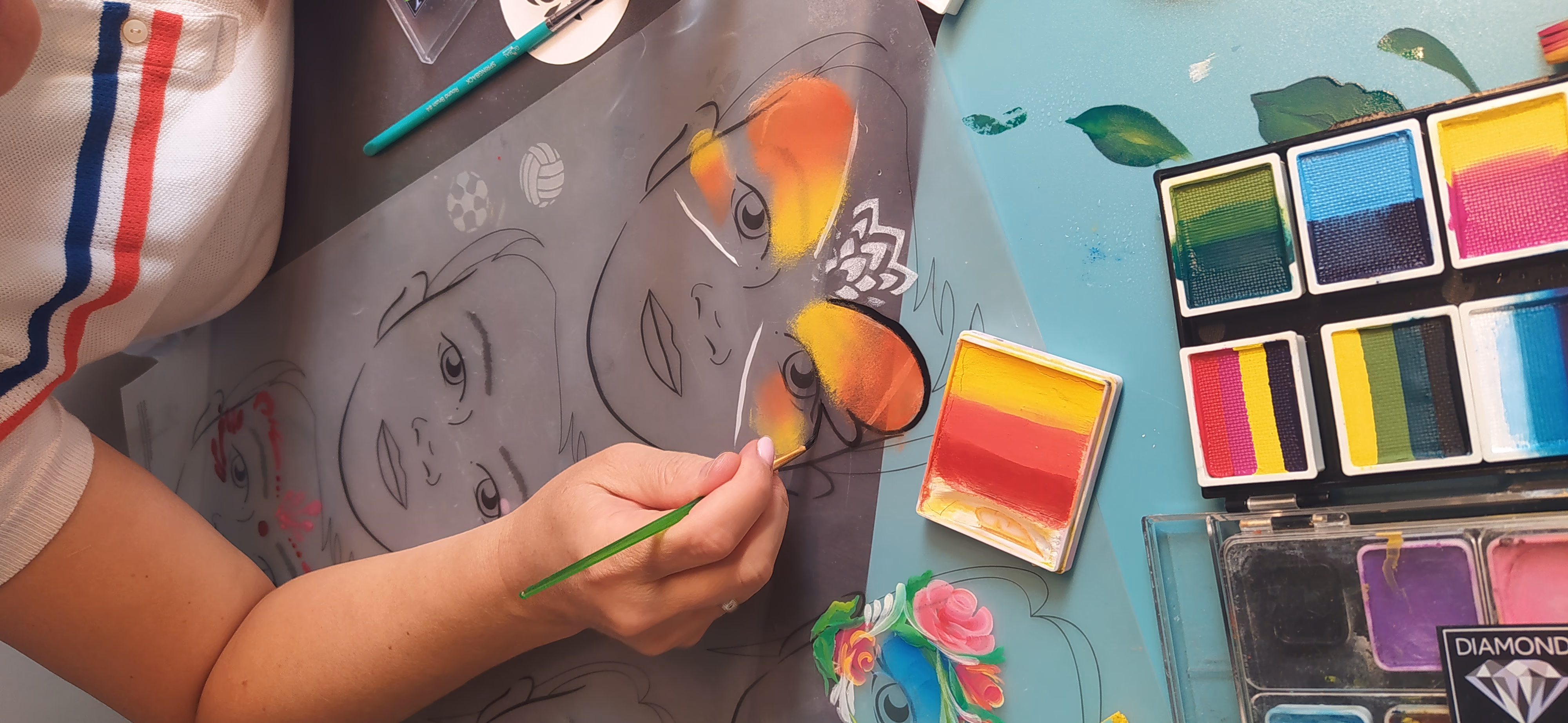 Ćwiczenia malowania twarzy na kursie face paintingu – ręka z pędzlem malująca wzór na szablonie - Lubin, Wrocław, Brzeg, Opole, Oława, Legnica - zoptymalizowana wersja do szybkiego ładowania